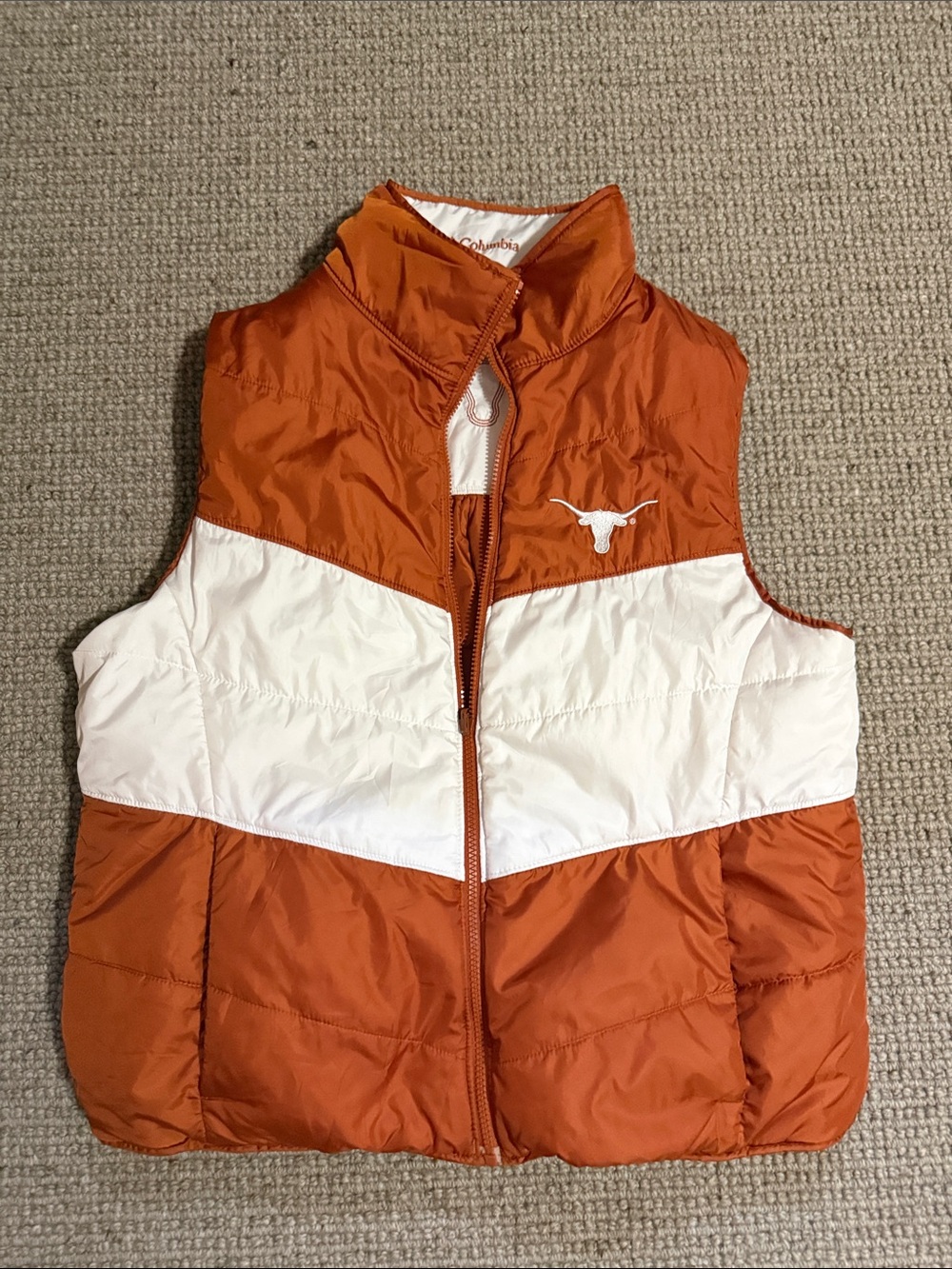 Columbia Texas Longhorns reversible, Orange/ White Puffer Vest.